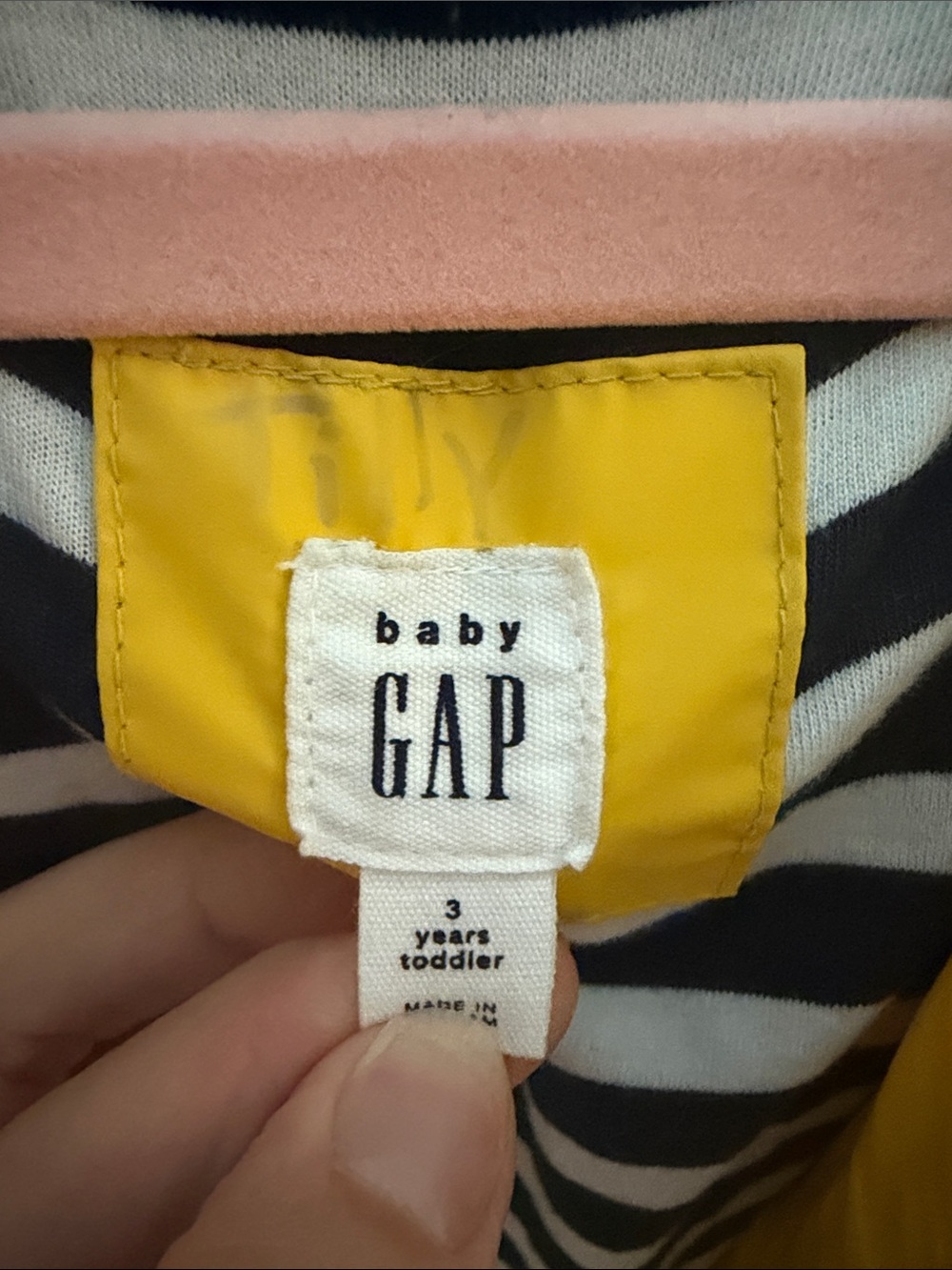 GAP Unisex Bright Yellow Hooded Kids Raincoat with Navy/White Striped Interior - Picture 7 of 10